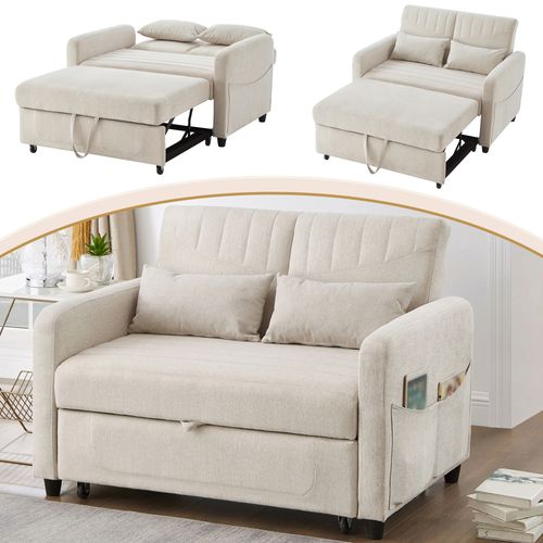 Canapé Convertible 2 Places Avec Dossier Réglable Sur 3 Niveaux Beige