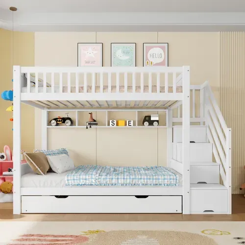 Lit Superposé 2 X 90 X 200cm Avec Avec Escalier De Rangement, Étagères Et Lit Gigogne Blanc