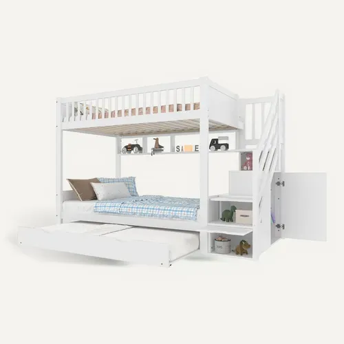 Lit Superposé 2 X 90 X 200cm Avec Avec Escalier De Rangement, Étagères Et Lit Gigogne Blanc