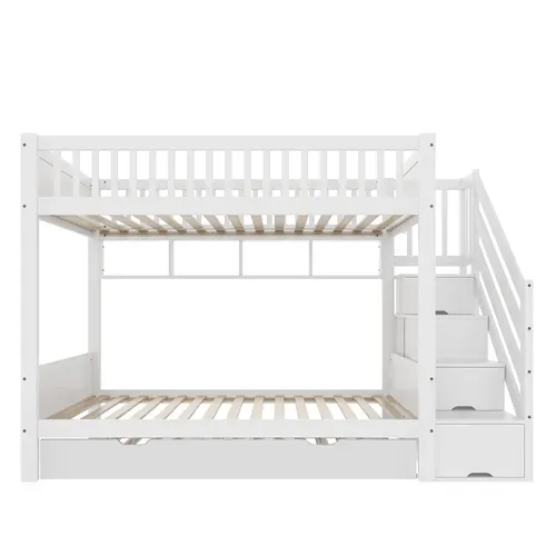 Lit Superposé 2 X 90 X 200cm Avec Avec Escalier De Rangement, Étagères Et Lit Gigogne Blanc