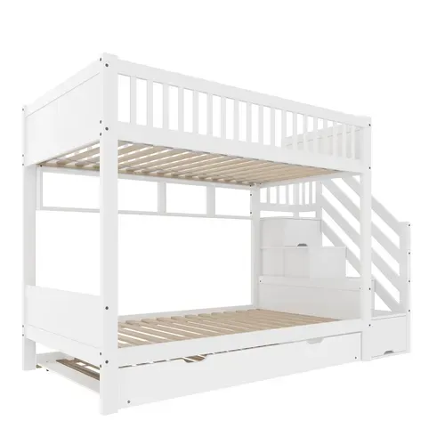 Lit Superposé 2 X 90 X 200cm Avec Avec Escalier De Rangement, Étagères Et Lit Gigogne Blanc