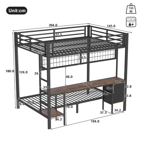 Lit Superposé 140 X 200cm + 90 X 200cm Avec Bureau Et 2 Tiroirs En Tissu Noir