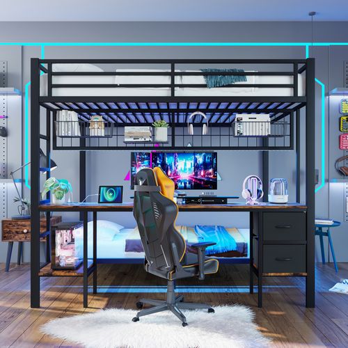 Lit Superposé 140 X 200cm + 90 X 200cm Avec Bureau Et 2 Tiroirs En Tissu Noir