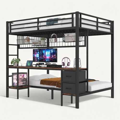 Lit Superposé 140 X 200cm + 90 X 200cm Avec Bureau Et 2 Tiroirs En Tissu Noir