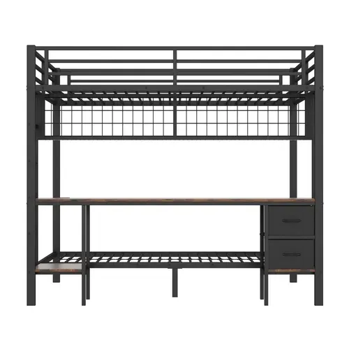 Lit Superposé 140 X 200cm + 90 X 200cm Avec Bureau Et 2 Tiroirs En Tissu Noir
