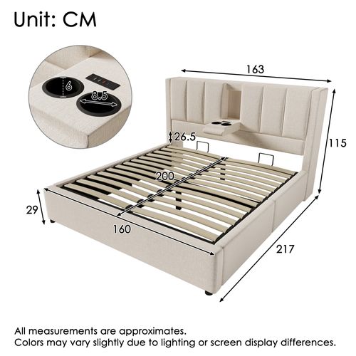 Lit Coffre 160x200 Cm Avec Porte-gobelet Caché Et USB Lin Beige