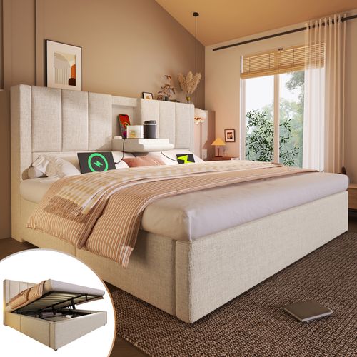 Lit Coffre 160x200 Cm Avec Porte-gobelet Caché Et USB Lin Beige