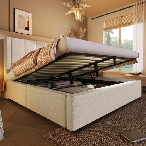 Lit Coffre 160x200 Cm Avec Porte-gobelet Caché Et USB Lin Beige