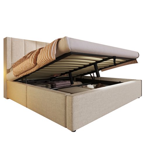 Lit Coffre 160x200 Cm Avec Porte-gobelet Caché Et USB Lin Beige