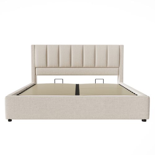 Lit Coffre 160x200 Cm Avec Porte-gobelet Caché Et USB Lin Beige