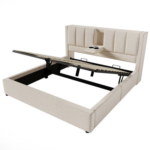 Lit Coffre 160x200 Cm Avec Porte-gobelet Caché Et USB Lin Beige