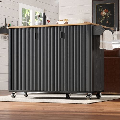 Desserte Ilot Central De Cuisine Mobile Avec 3 Portes Noir