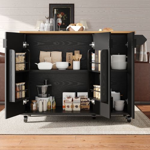 Desserte Ilot Central De Cuisine Mobile Avec 3 Portes Noir