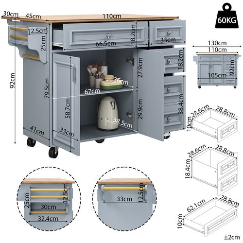 Desserte Ilot Central De Cuisine Mobile Avec 2 Portes Et 5 Tiroirs Bleu