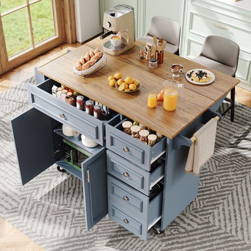 Desserte Ilot Central De Cuisine Mobile Avec 2 Portes Et 5 Tiroirs Bleu