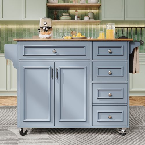 Desserte Ilot Central De Cuisine Mobile Avec 2 Portes Et 5 Tiroirs Bleu