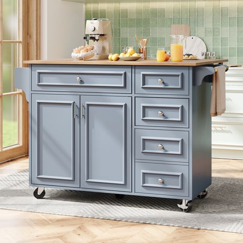 Desserte Ilot Central De Cuisine Mobile Avec 2 Portes Et 5 Tiroirs Bleu