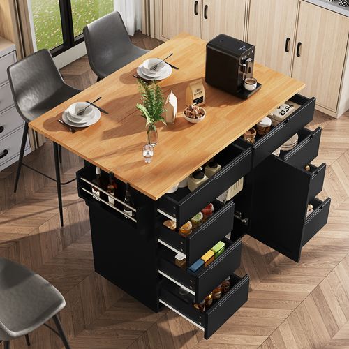 Desserte Ilot Central De Cuisine Mobile Avec 1 Porte Et 8 Tiroirs Noir
