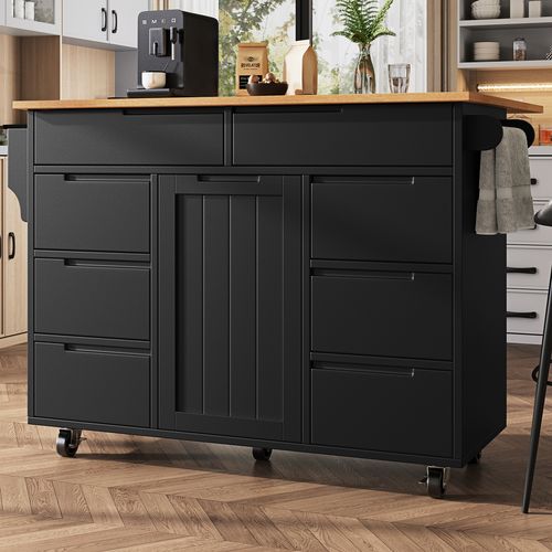 Desserte Ilot Central De Cuisine Mobile Avec 1 Porte Et 8 Tiroirs Noir