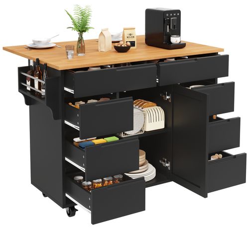 Desserte Ilot Central De Cuisine Mobile Avec 1 Porte Et 8 Tiroirs Noir