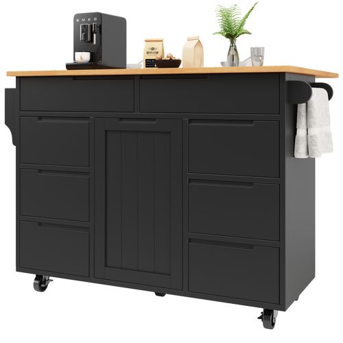 Desserte Ilot Central De Cuisine Mobile Avec 1 Porte Et 8 Tiroirs Noir