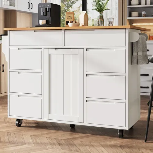 Desserte Ilot Central De Cuisine Mobile Avec 1 Porte Et 8 Tiroirs Blanc