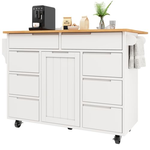 Desserte Ilot Central De Cuisine Mobile Avec 1 Porte Et 8 Tiroirs Blanc