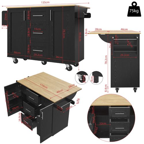 Desserte Ilot Central De Cuisine Mobile Avec 2 Portes Et 3 Tiroirs Noir