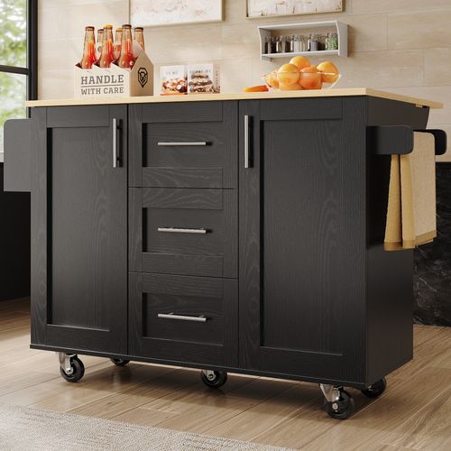 Desserte Ilot Central De Cuisine Mobile Avec 2 Portes Et 3 Tiroirs Noir