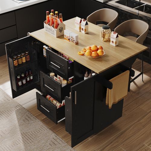 Desserte Ilot Central De Cuisine Mobile Avec 2 Portes Et 3 Tiroirs Noir