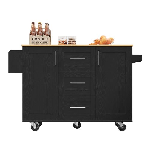 Desserte Ilot Central De Cuisine Mobile Avec 2 Portes Et 3 Tiroirs Noir