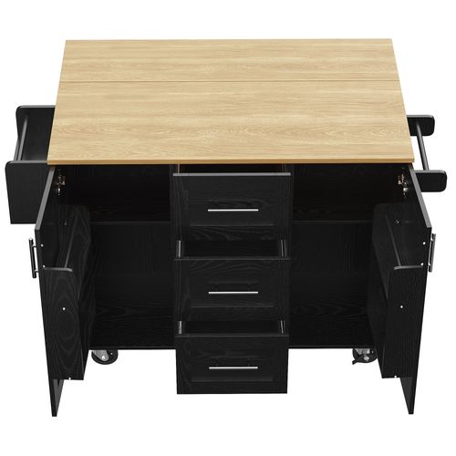 Desserte Ilot Central De Cuisine Mobile Avec 2 Portes Et 3 Tiroirs Noir