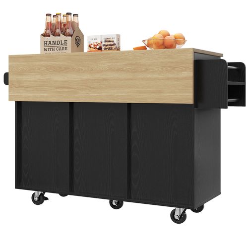 Desserte Ilot Central De Cuisine Mobile Avec 2 Portes Et 3 Tiroirs Noir