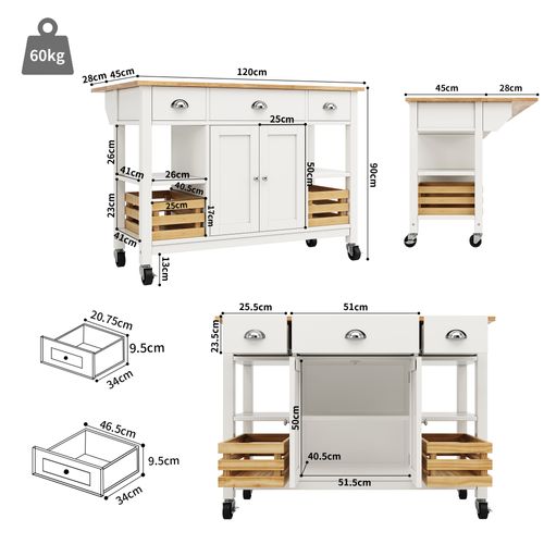 Desserte Ilot Central De Cuisine Mobile Avec 2 Portes, 3 Tiroirs Et 2 Paniers De Rangement Blanc