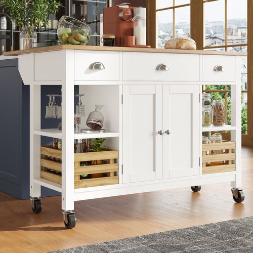 Desserte Ilot Central De Cuisine Mobile Avec 2 Portes, 3 Tiroirs Et 2 Paniers De Rangement Blanc