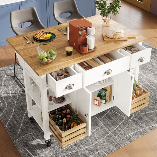 Desserte Ilot Central De Cuisine Mobile Avec 2 Portes, 3 Tiroirs Et 2 Paniers De Rangement Blanc