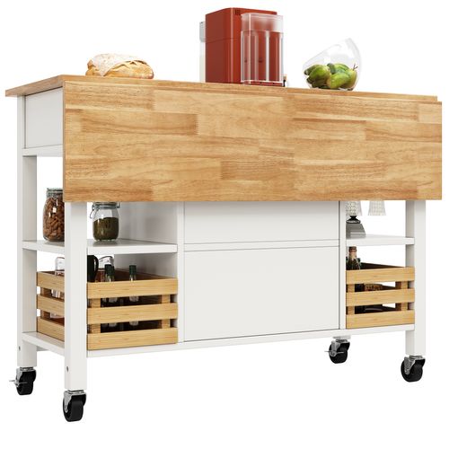 Desserte Ilot Central De Cuisine Mobile Avec 2 Portes, 3 Tiroirs Et 2 Paniers De Rangement Blanc