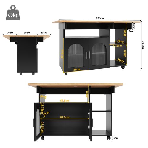 Desserte Ilot Central De Cuisine Mobile Avec 2 Portes Et 3 Niches Noir