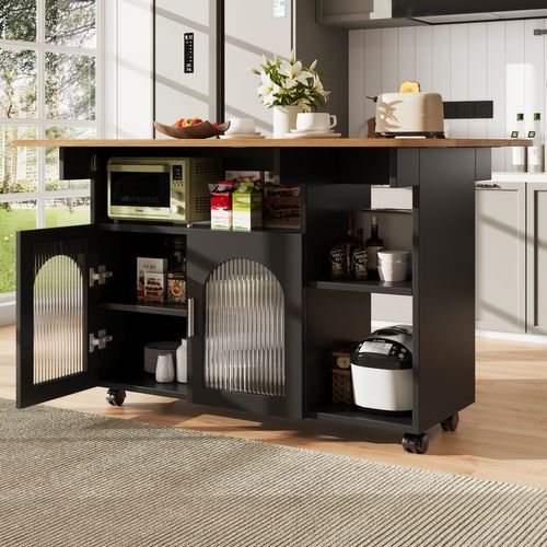 Desserte Ilot Central De Cuisine Mobile Avec 2 Portes Et 3 Niches Noir