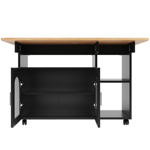 Desserte Ilot Central De Cuisine Mobile Avec 2 Portes Et 3 Niches Noir