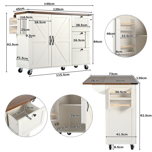 Desserte Ilot Central De Cuisine Mobile Avec 2 Portes Et 3 Tiroirs Blanc - Ilot Central