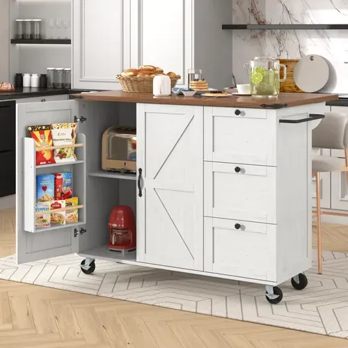 Desserte Ilot Central De Cuisine Mobile Avec 2 Portes Et 3 Tiroirs Blanc - Ilot Central