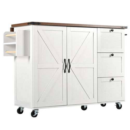 Desserte Ilot Central De Cuisine Mobile Avec 2 Portes Et 3 Tiroirs Blanc - Ilot Central