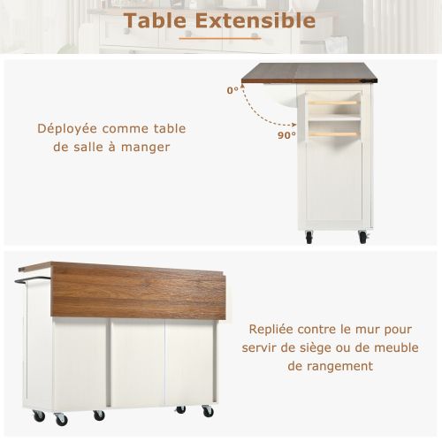 Desserte Ilot Central De Cuisine Mobile Avec 2 Portes Et 3 Tiroirs Blanc - Ilot Central