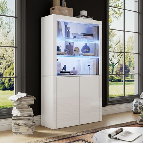 Vitrine Avec LED, 2 Portes Et 3 Étagères Blanc