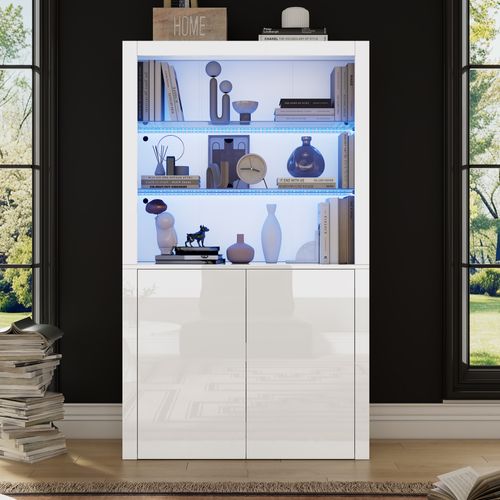 Vitrine Avec LED, 2 Portes Et 3 Étagères Blanc