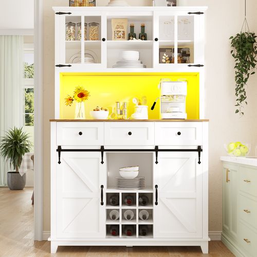 Buffet De Cuisine Avec LED, 2 Portes, 2 Portes Coulissantes Et 3 Tiroirs Blanc