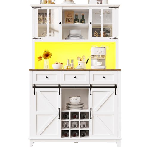 Buffet De Cuisine Avec LED, 2 Portes, 2 Portes Coulissantes Et 3 Tiroirs Blanc