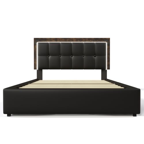 Lit 140x200cm Avec LED Et 4 Tiroirs Pu Noir