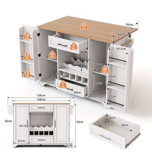 Ilot Central Cuisine Comptoir Avec 2 Portes, 2 Tiroirs Et Cave à Vin Blanc